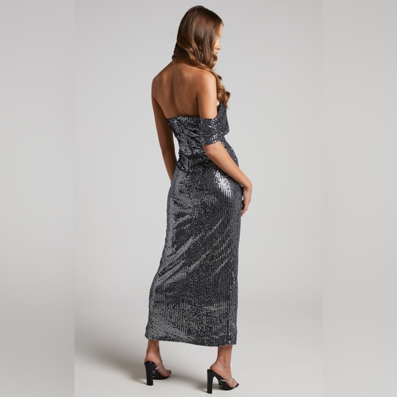 Showpo Joycee Midi Off Shoulder Thigh Split Sequin Dress in Gunmetal - Picture 3 of 6